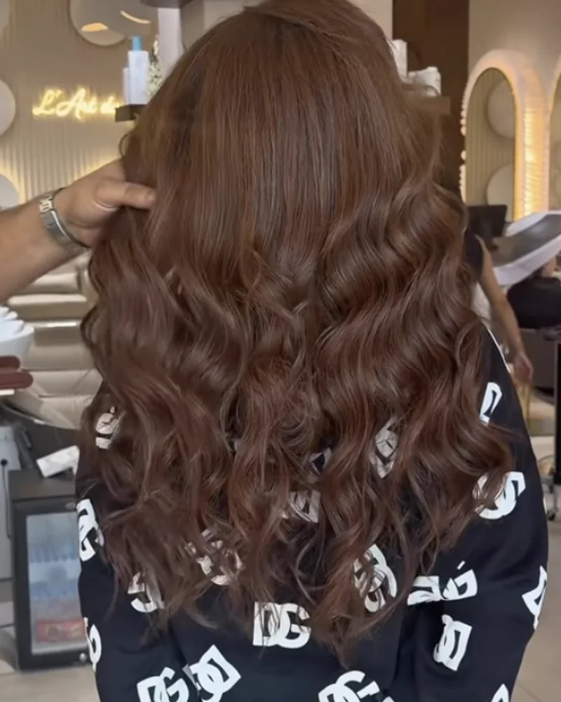 Coloration châtain cuivré sur cheveux bouclés, vus de dos dans le salon